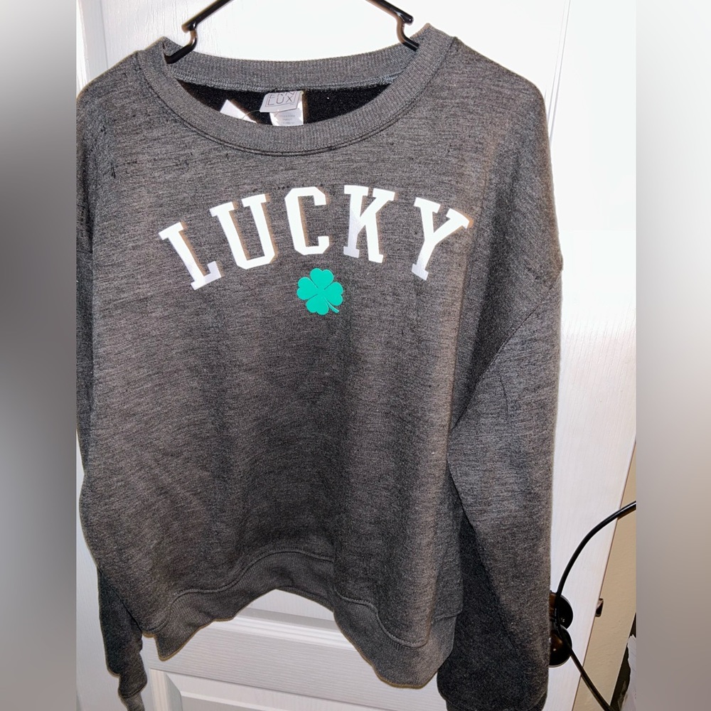 NWT! Dark Gray LARGE shamrock LUCKY sweatshirt! Modernlux brand
